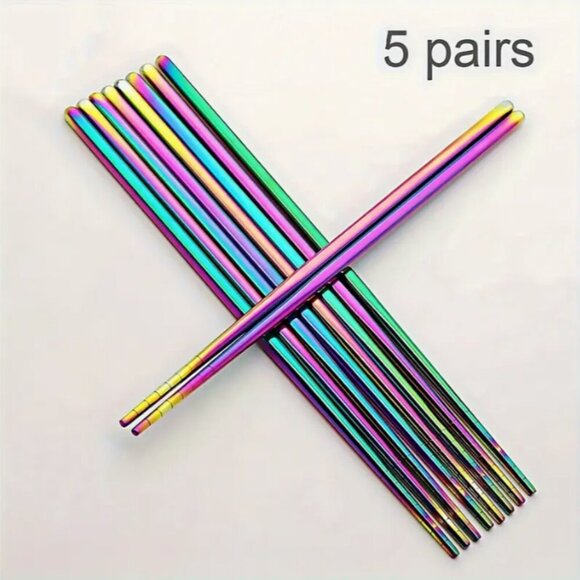 Rainbow Stainless Steel Chopsticks 5 Pair Oil Slick Ombre NWT - Picture 1 of 2